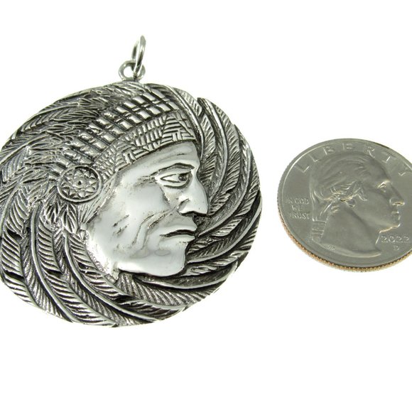 Handcrafted Solid 925 Sterling Silver Large Indian Chief with Headdress Pendant - Picture 3 of 6